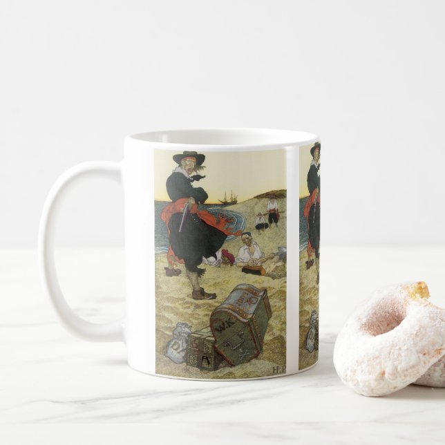 Vintage Pirates, William Kidd Burying Treasure Coffee Mug (With Donut)