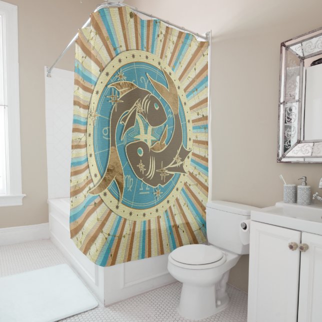 Vintage Pisces Zodiac Art Shower Curtain (In Situ)