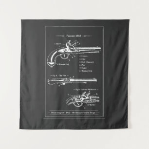 Vintage pistol patent blueprint tapestry