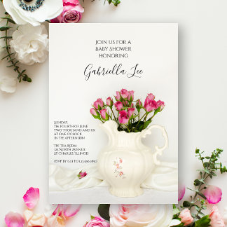 Vintage Pitcher and Pink Roses Baby Shower Invitation