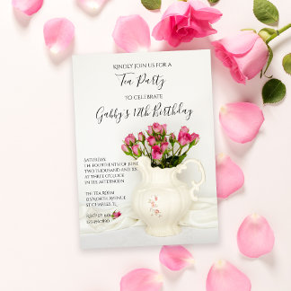 Vintage Pitcher and Pink Roses Birthday Party Invitation