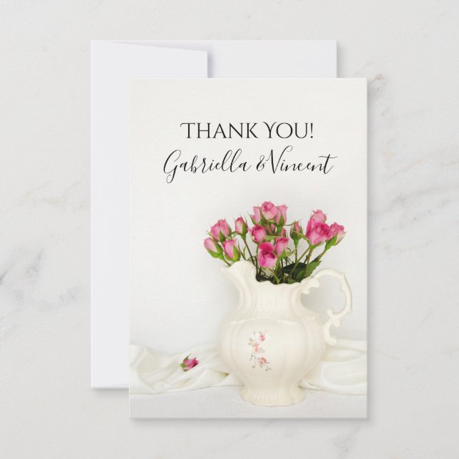 Vintage Pitcher Pink Roses Wedding Thank You Note (Front)
