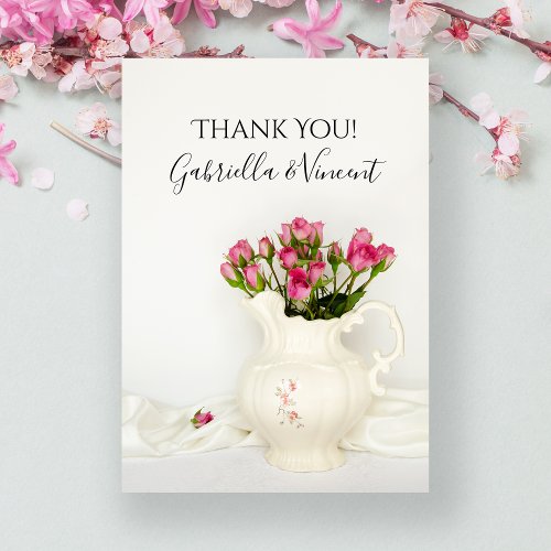 Vintage Pitcher Pink Roses Wedding Thank You Note