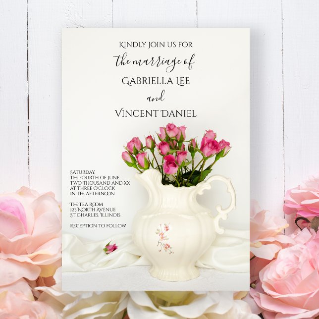 Vintage Pitcher with Pink Roses Wedding Invitation (Creator Uploaded)