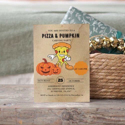 Vintage Pizza and Pumpkin carving halloween party  Invitation