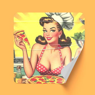 Vintage Pizza Girl Square Sticker