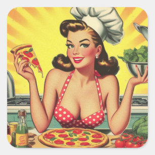 Vintage Pizza Girl Square Sticker