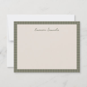 Vintage plaid green checked frame personalized note card