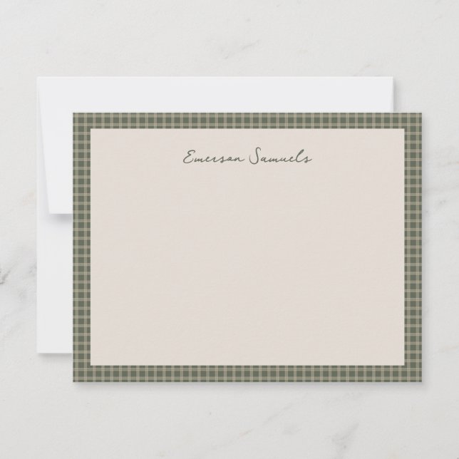 Vintage plaid green checked frame personalized note card (Front)