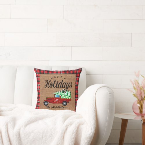 Vintage Plaid Happy Holiday Throw Pillow