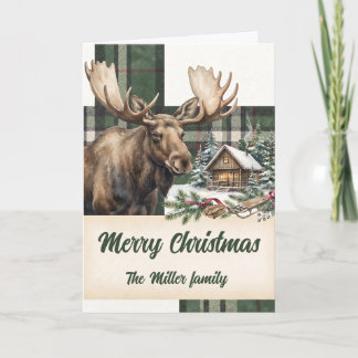 Vintage Plaid Moose Woodland Christmas Custom Card