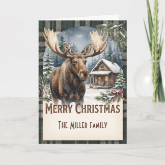 Vintage Plaid Moose Woodland Winter Christmas Card