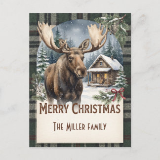 Vintage Plaid Moose Woodland Winter Christmas Holiday Postcard