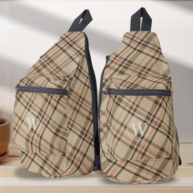 Vintage plaid pattern monogrammed checkered sling bag (beige plaid pattern checkered, personalized monogram travel sling bag)