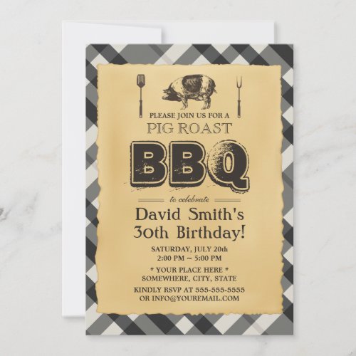 Vintage Plaid Pig Roast BBQ Birthday Party Invitation