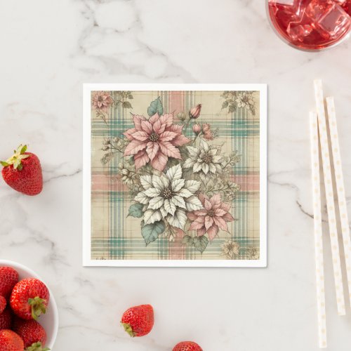 Vintage Plaid Poinsettias Decoupage Napkins