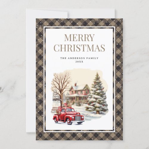 Vintage Plaid Red Truck Snow Merry Christmas Card