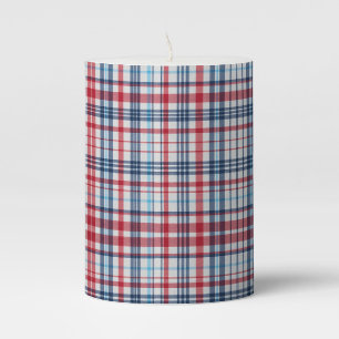 Vintage, plaid red white blue pattern pillar candle