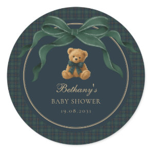 Vintage Plaid Tartan Teddy Bear Green Bow Classic Round Sticker