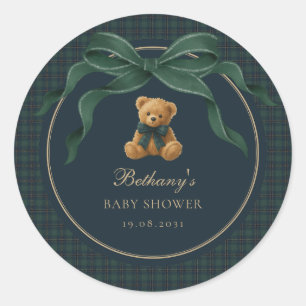 Vintage Plaid Tartan Teddy Bear Green Bow Classic Round Sticker
