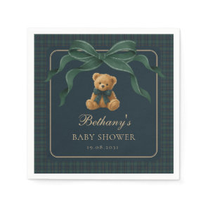 Vintage Plaid Tartan Teddy Bear Green Bow Napkins
