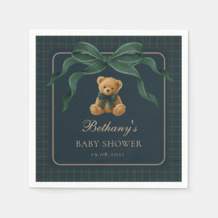 Vintage Plaid Tartan Teddy Bear Green Bow Napkins
