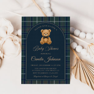 Vintage Plaid Teddy Bear Luxury Baby Shower Invitation