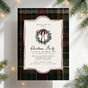 Vintage Plaid Wreath Bow Christmas Party Invitation