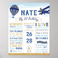 Vintage Plane 1st Birthday Milestones Sign Poster