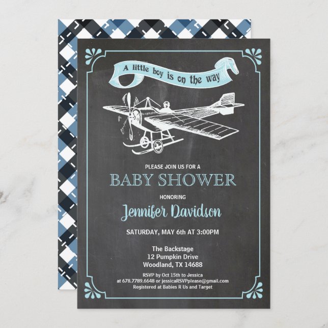 Vintage plane baby boy shower inviation invitation (Front/Back)