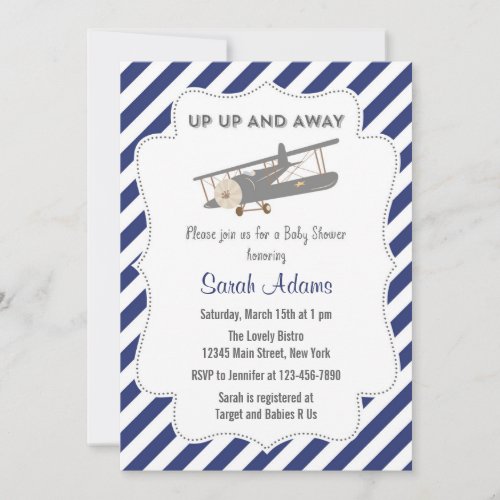 Vintage Plane Baby Shower Invitation Blue