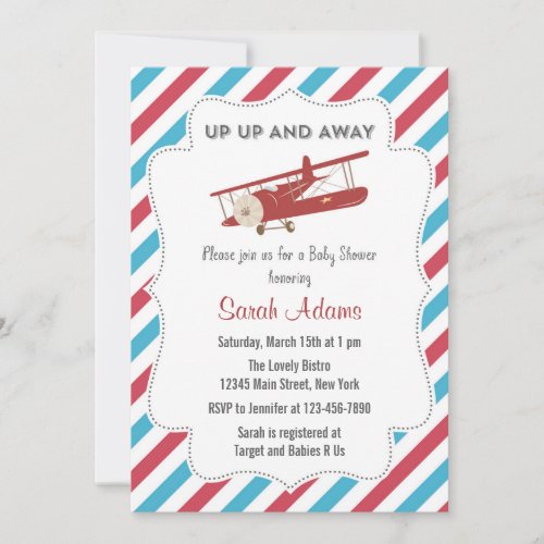Vintage Plane Baby Shower Invitation Red and Blue
