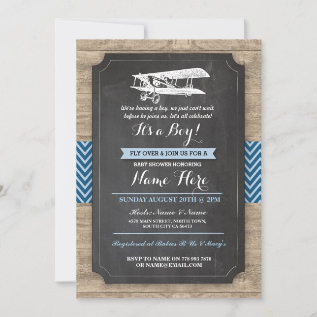 Vintage Plane Baby Shower Party Boy Wood Invite (Front)