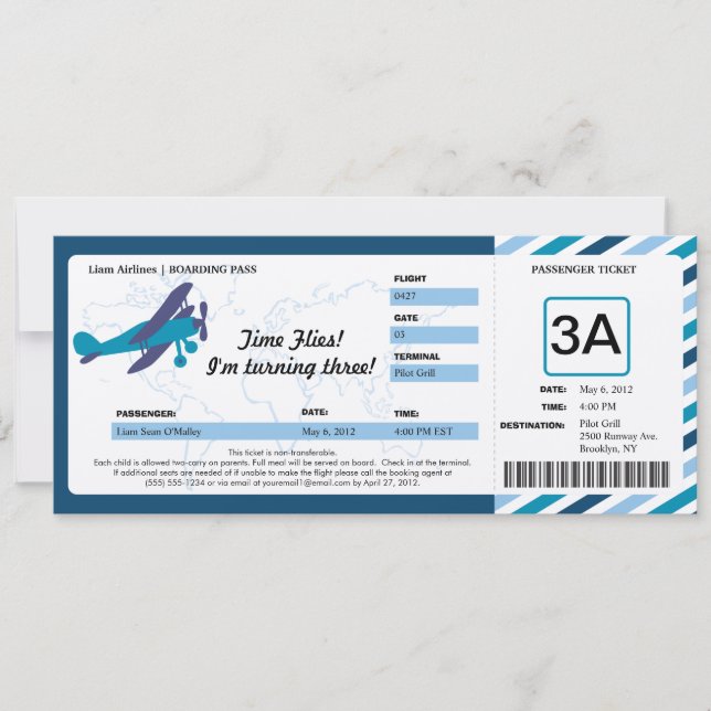 Vintage Plane Birthday Boarding Pass Ticket Invitation (Front)