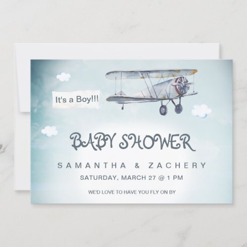 *~* Vintage Plane Clouds Banner Baby Boy Shower Invitation