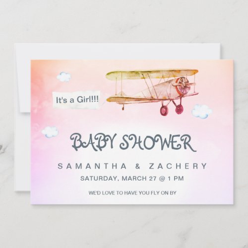 *~* Vintage Plane Clouds Banner Baby Girl Shower Invitation