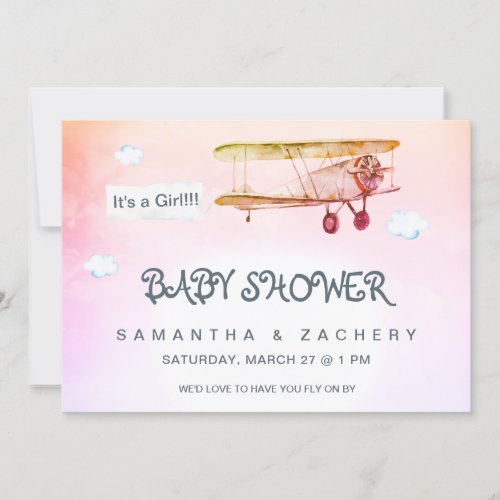 *~* Vintage Plane Clouds Banner Baby Girl Shower Invitation