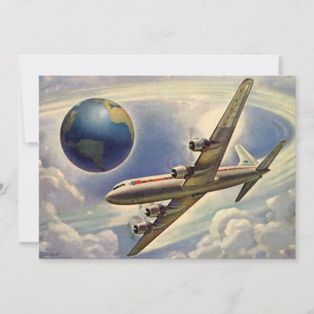Vintage Plane Flying Around the World Invitation (Front)