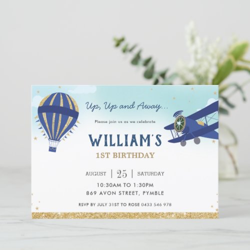 Vintage Plane Hot Air Balloon Blue Gold Birthday  Invitation