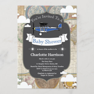 Vintage Plane & World Map Aviator Baby Shower Invitation