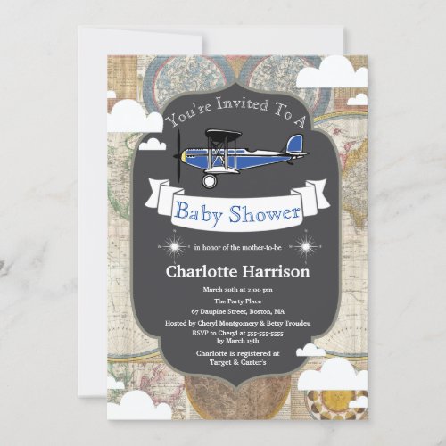 Vintage Plane  World Map Aviator Baby Shower Invitation