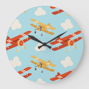 Vintage Planes Clouds Background Pattern Large Clock