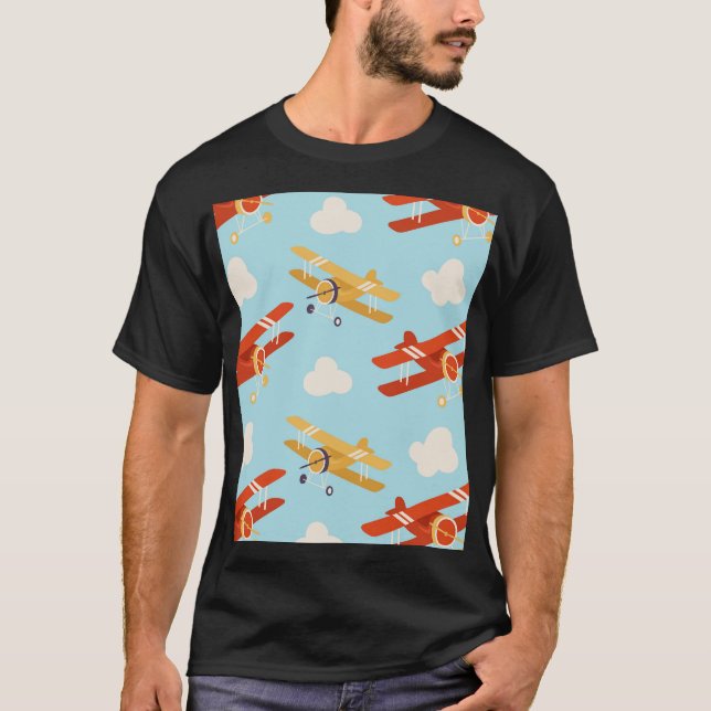 Vintage Planes Clouds Background Pattern T-Shirt (Front)