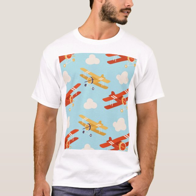 Vintage Planes Clouds Background Pattern T-Shirt (Front)