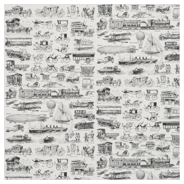 Vintage Planes Trains & Automobiles Pattern Fabric (Swatch)
