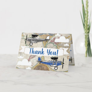 Vintage Planes & World Map Adventure Thank You Card
