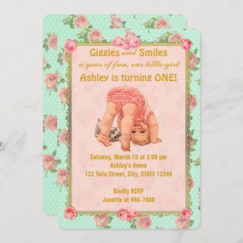 Vintage Playful Girl Birthday Invitations 1st One by PartyStoreGalore at Zazzle