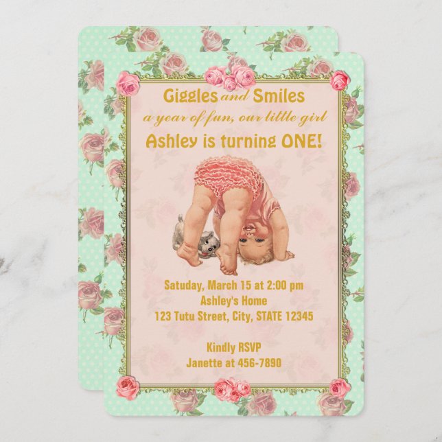 Vintage Playful Girl Birthday Invitations 1st One (Front/Back)