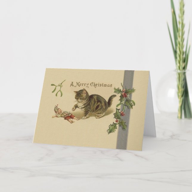 Vintage Playful Kitten Christmas Greeting Card (Front)