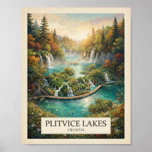 Vintage Plitvice Lakes Croatia Travel Poster   Wat